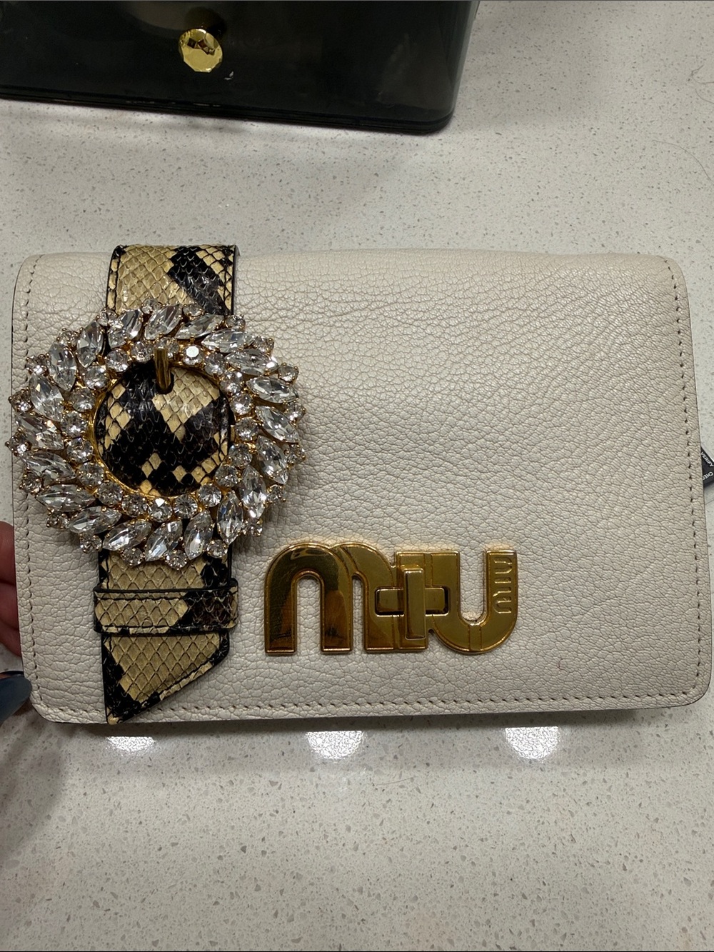 ***AUTHENTIC***Miu Miu White Leather Crossbody with Crystal Buckle and Gold Logo